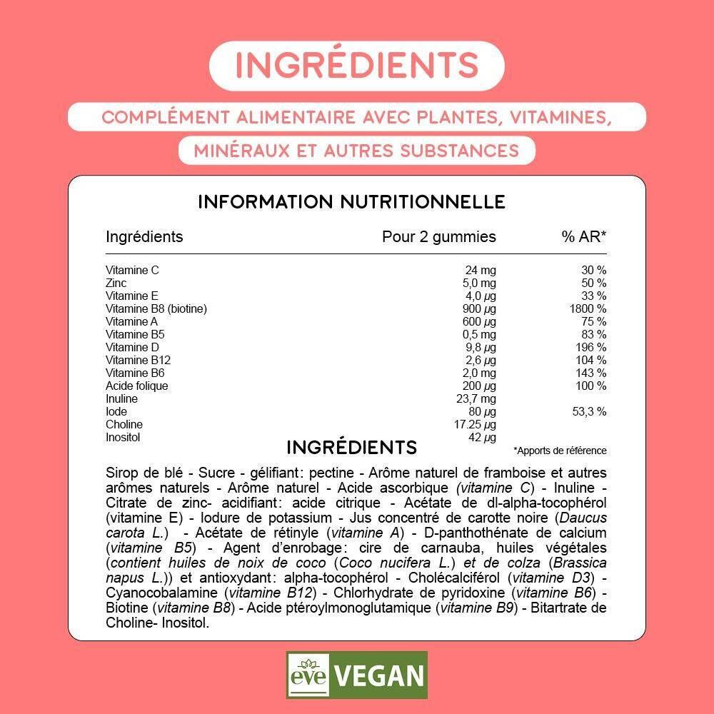 Informations nutritionnelles et ingrédients. Fond rose. Logo vegan.