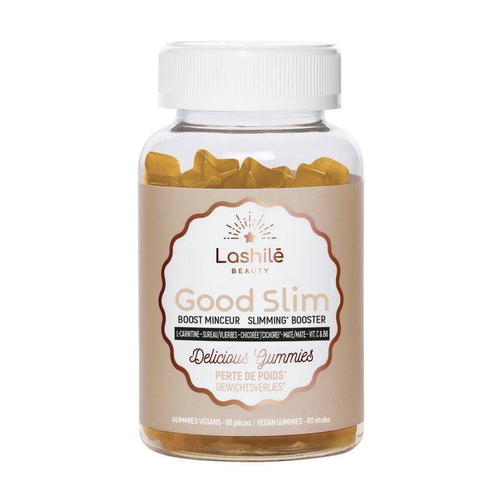 Flacon de Good Slim, gummies jaunes. Ingrédients visibles. 60 gummies.