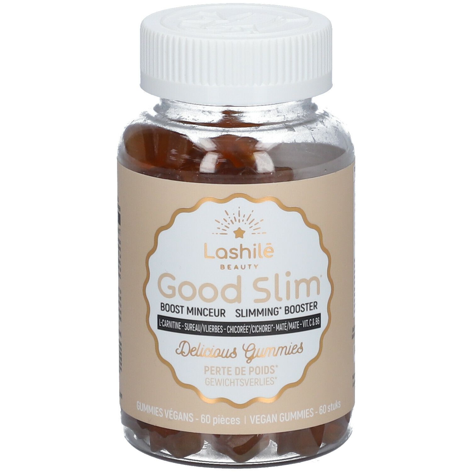 Flacon de Good Slim, gummies. Ingrédients visibles. 60 gummies végétaliens.