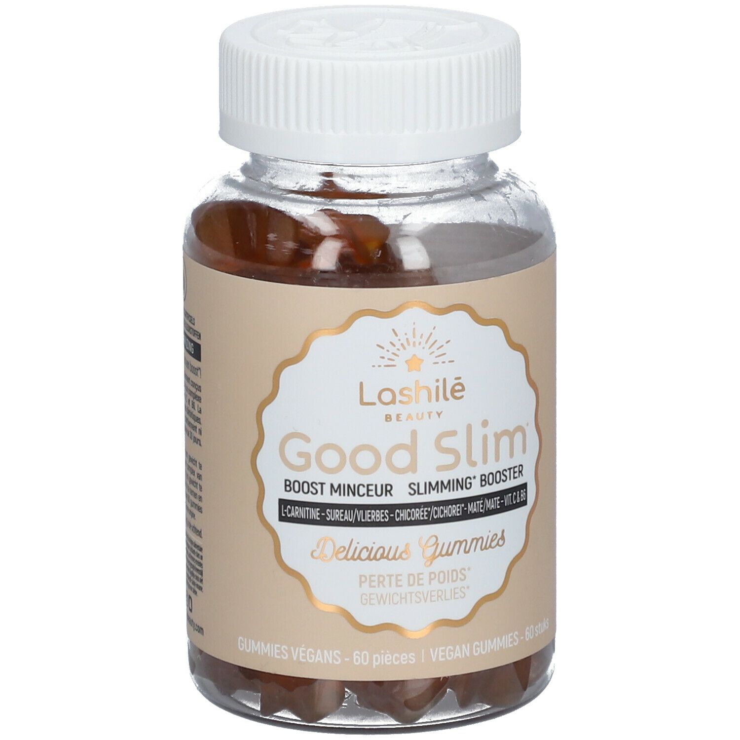 Flacon de Good Slim, gummies. Ingrédients visibles. 60 gummies végétaliens.