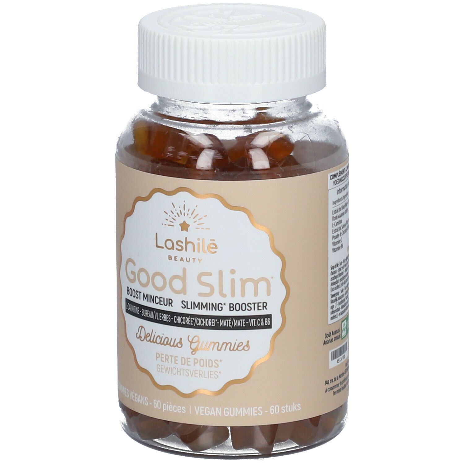 Flacon de Good Slim, gummies. Ingrédients visibles. 60 gummies végétaliens.