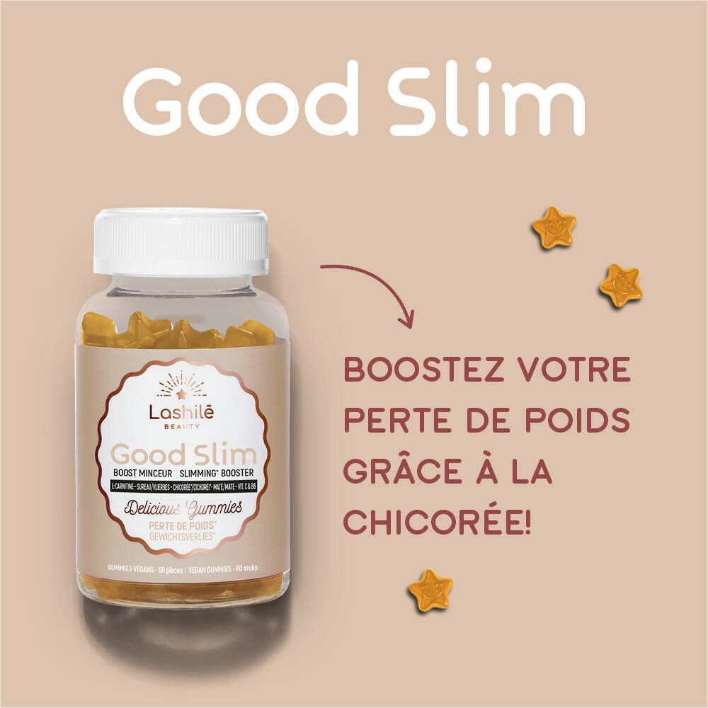 Good Slim, flacon et étoiles. Texte: Boostez votre perte de poids grâce à la chicorée!