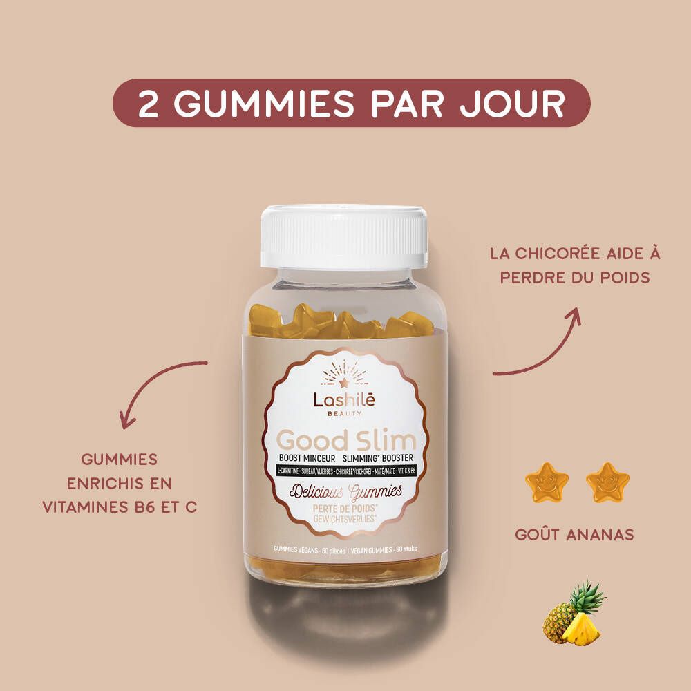 Good Slim, flacon et étoiles. Texte: 2 gummies par jour. Goût ananas.