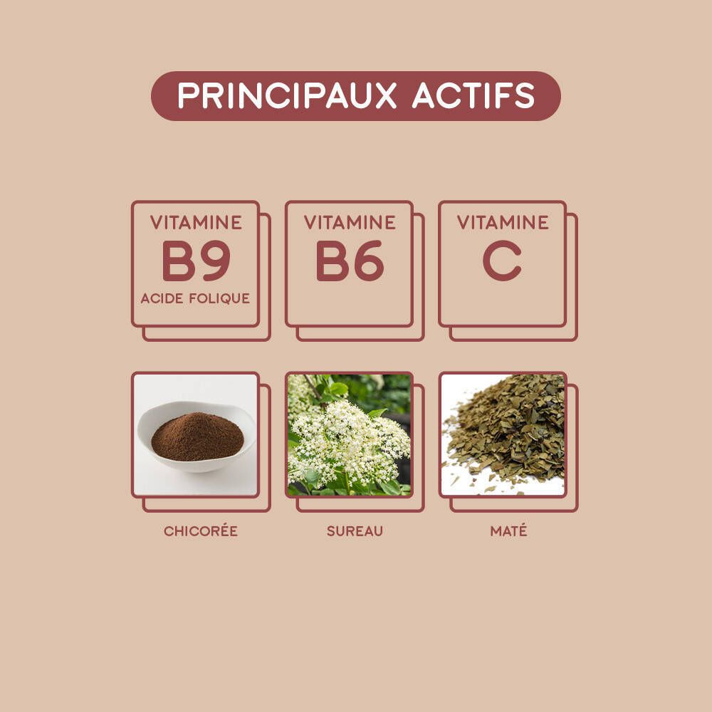 Graphique avec ingrédients: Vitamine B9, B6, C, Chicorée, Sureau, Maté.