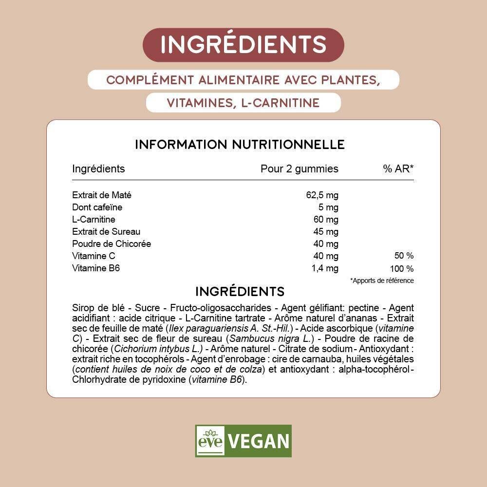 Ingrédients: Complément alimentaire avec plantes, vitamines, L-carnitine. Informations nutritionnelles.
