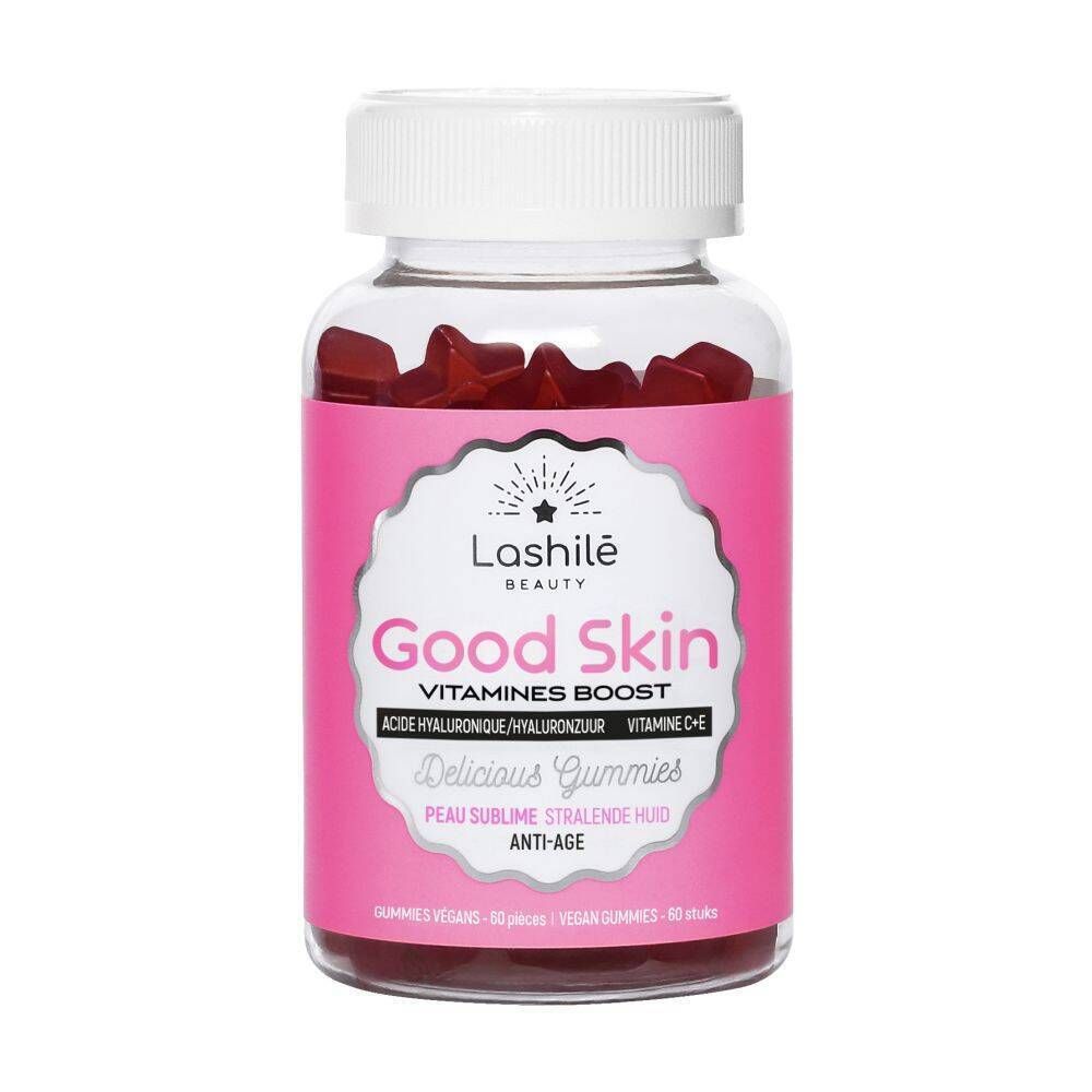Flacon de gummies. Étiquette rose avec texte Good Skin, Vitamines Boost. Bouchon blanc.
