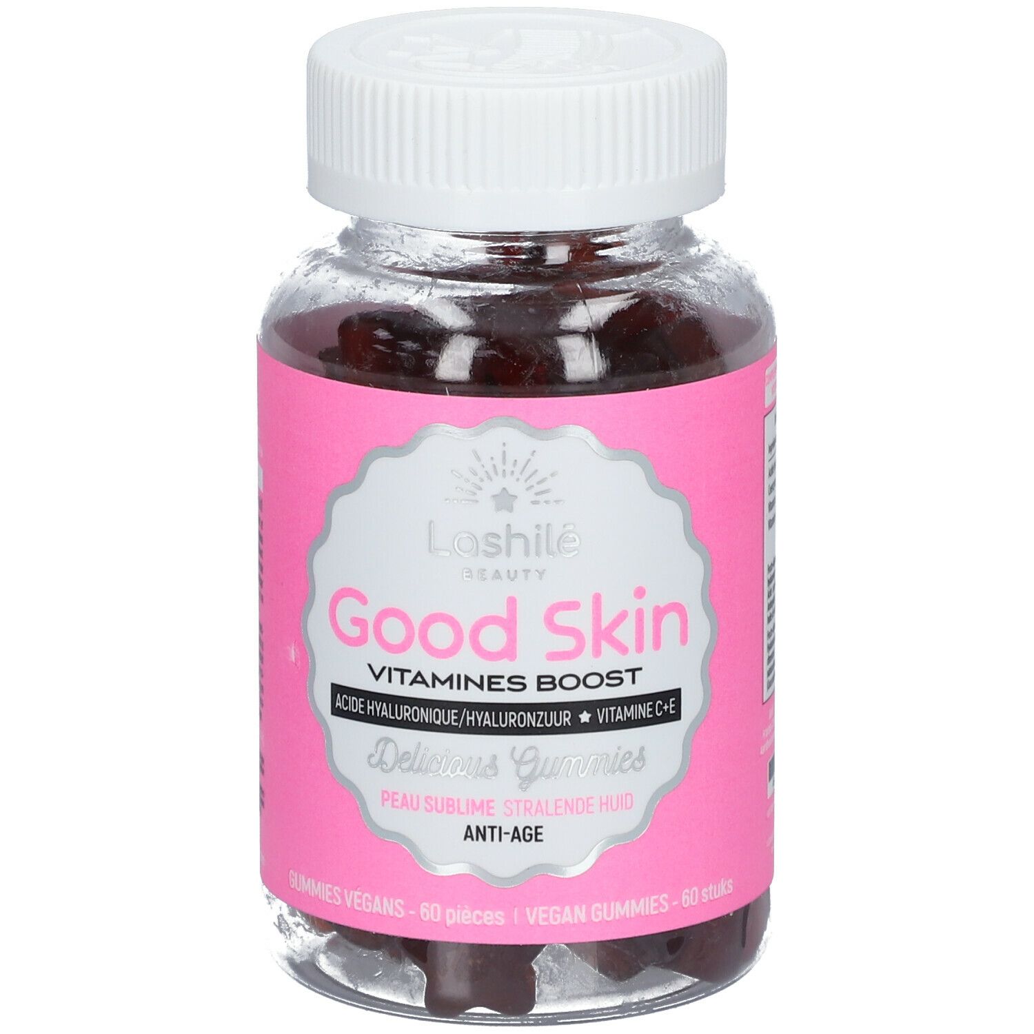 Flacon de gummies. Étiquette rose avec texte Good Skin, Vitamines Boost. Bouchon blanc.