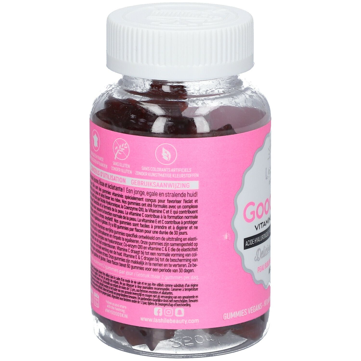Dos du flacon avec texte. Étiquette rose avec informations. Bouchon blanc. Gummies visibles.