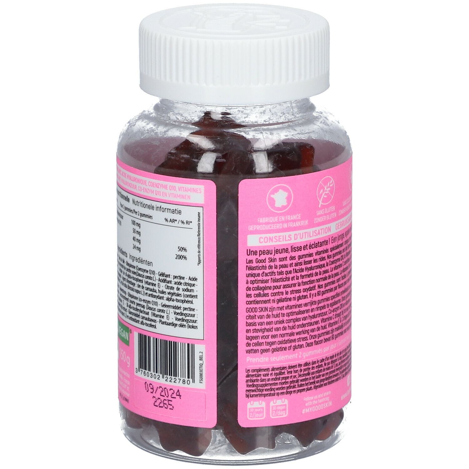 Dos du flacon avec texte. Étiquette rose avec informations. Bouchon blanc. Gummies visibles.