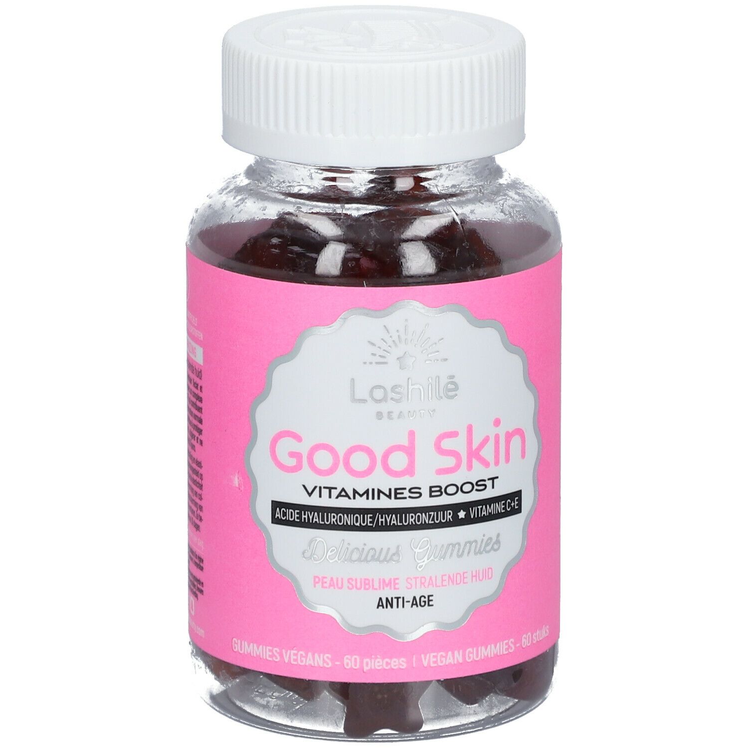 Flacon de gummies. Étiquette rose avec texte Good Skin, Vitamines Boost. Bouchon blanc.