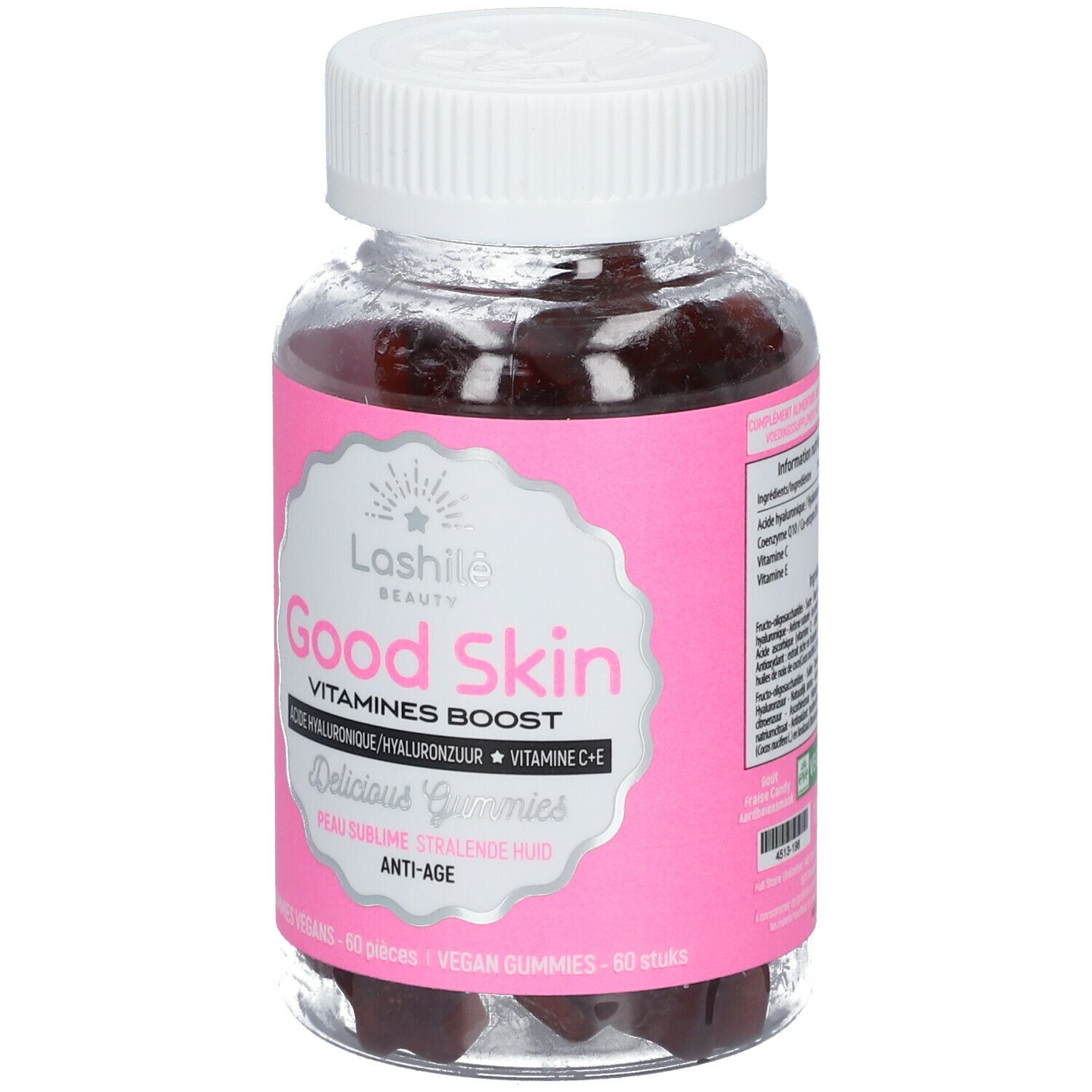 Flacon de gummies. Étiquette rose avec texte Good Skin, Vitamines Boost. Bouchon blanc.