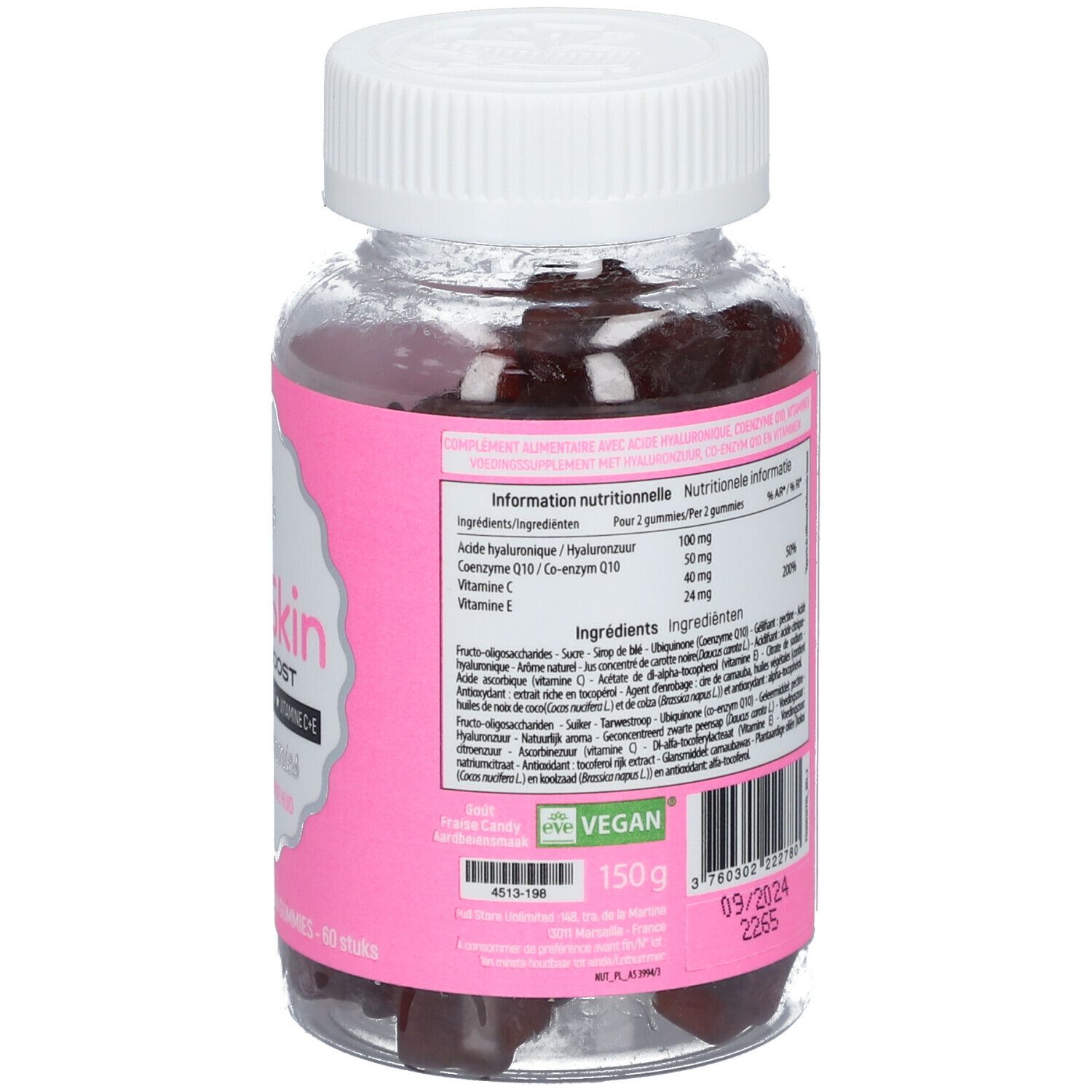 Dos du flacon avec texte. Étiquette rose avec informations. Bouchon blanc. Gummies visibles.