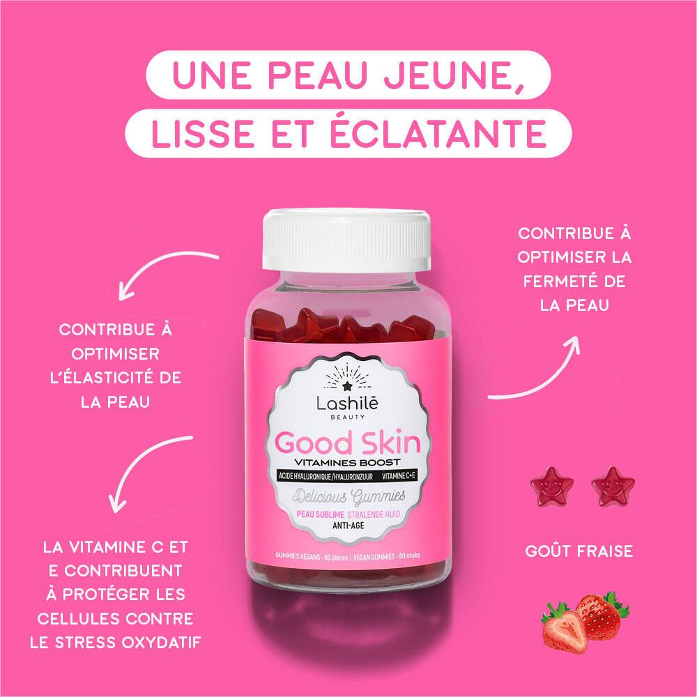 Produit et étoiles sur fond rose. Flacon avec texte Good Skin. Étoiles.
