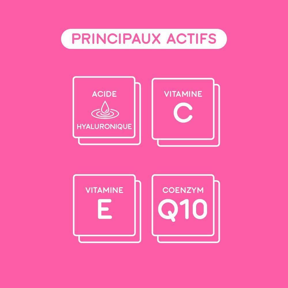 Symboles carrés sur fond rose. Texte : Principaux actifs. Symboles.