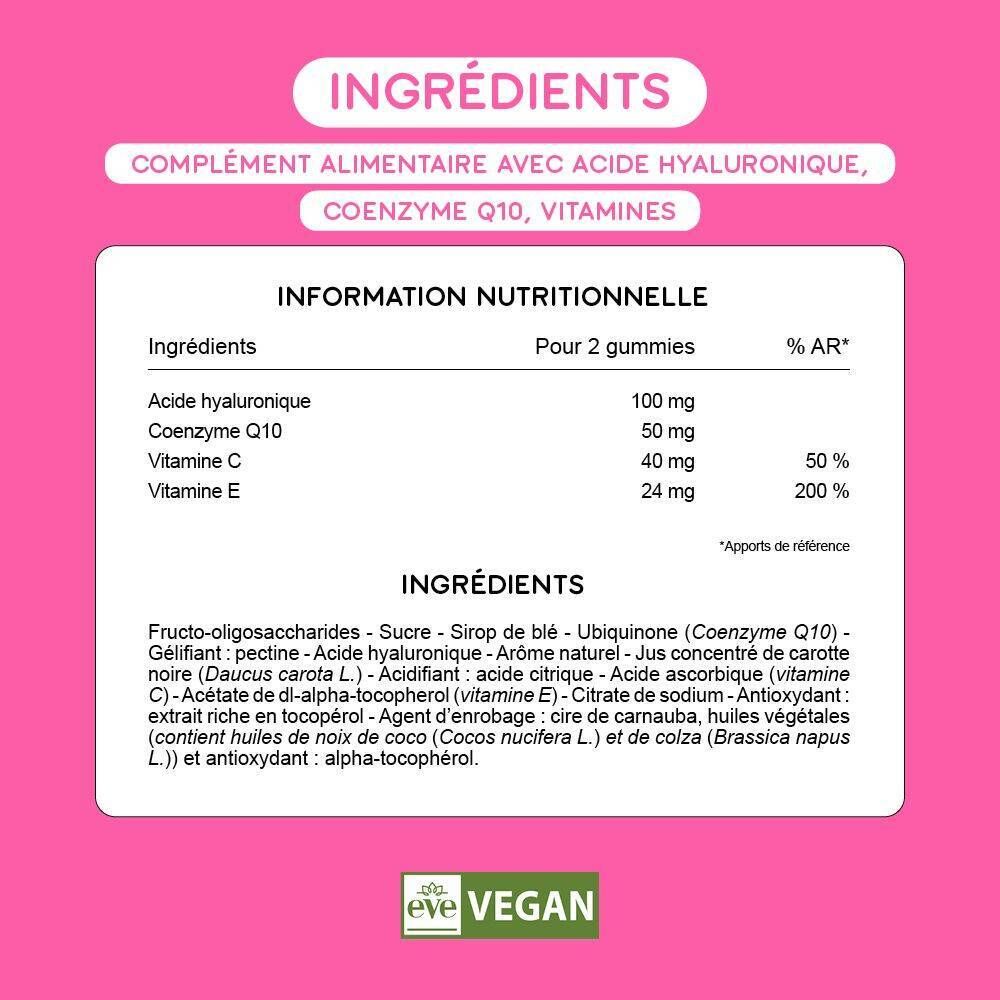 Texte et tableau sur fond rose. Texte : Ingrédients. Informations nutritionnelles. Label vegan.