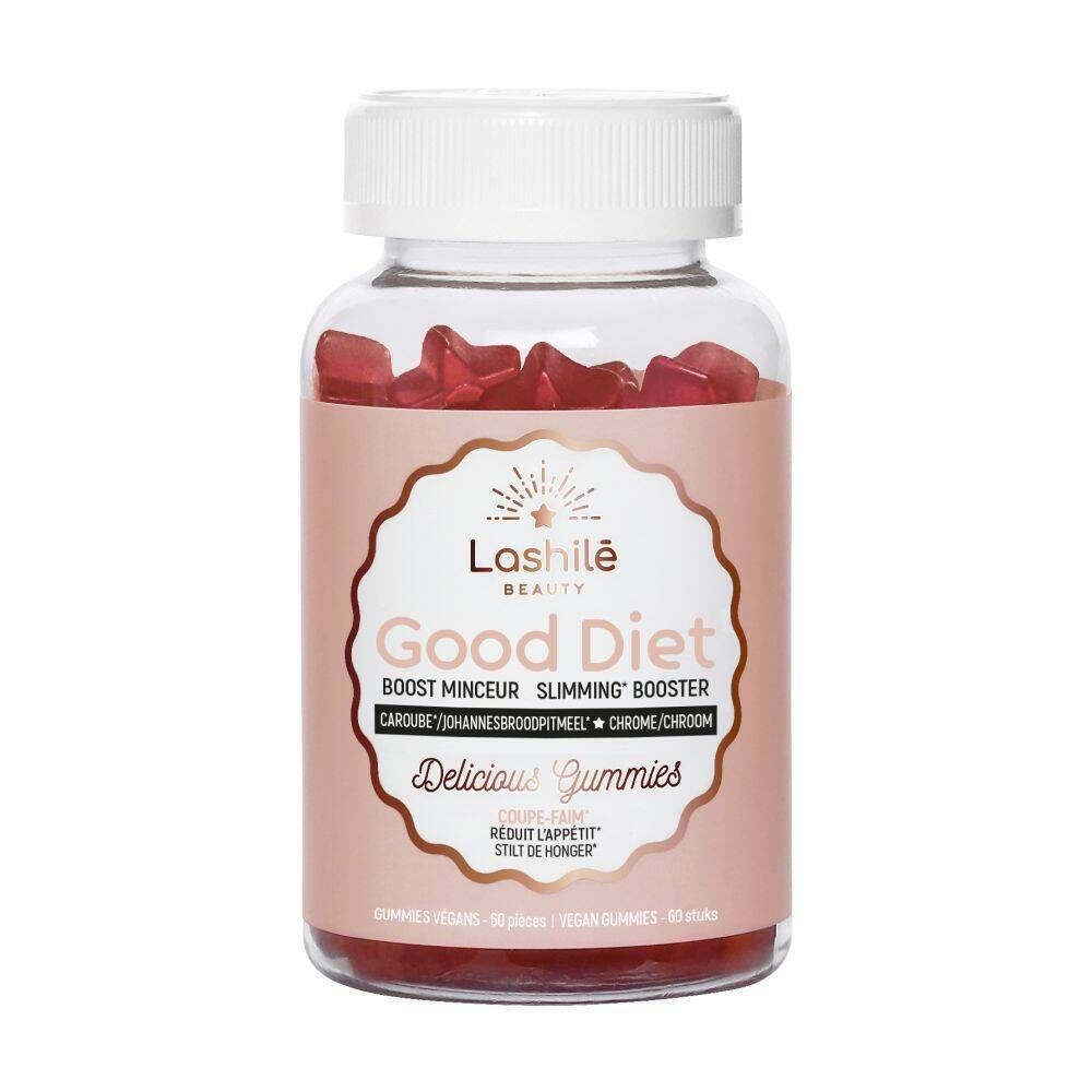 Flacon de gummies rouges. Ingrédients visibles. Bouchon blanc, étiquette rose. Bonbons en forme d'étoile.