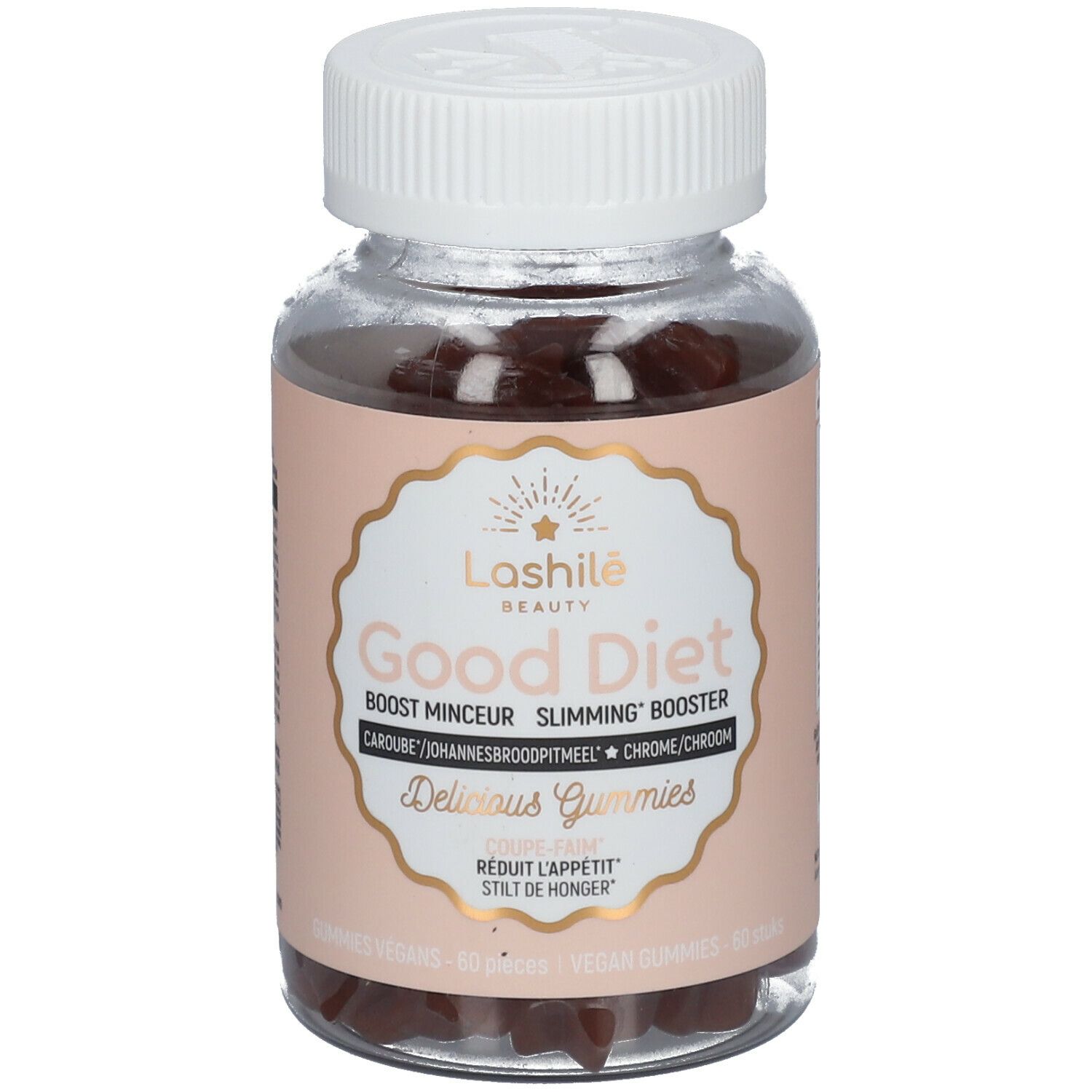 Flacon de gummies Good Diet. Ingrédients visibles. Bouchon blanc, étiquette rose. Bonbons en forme d'étoile.