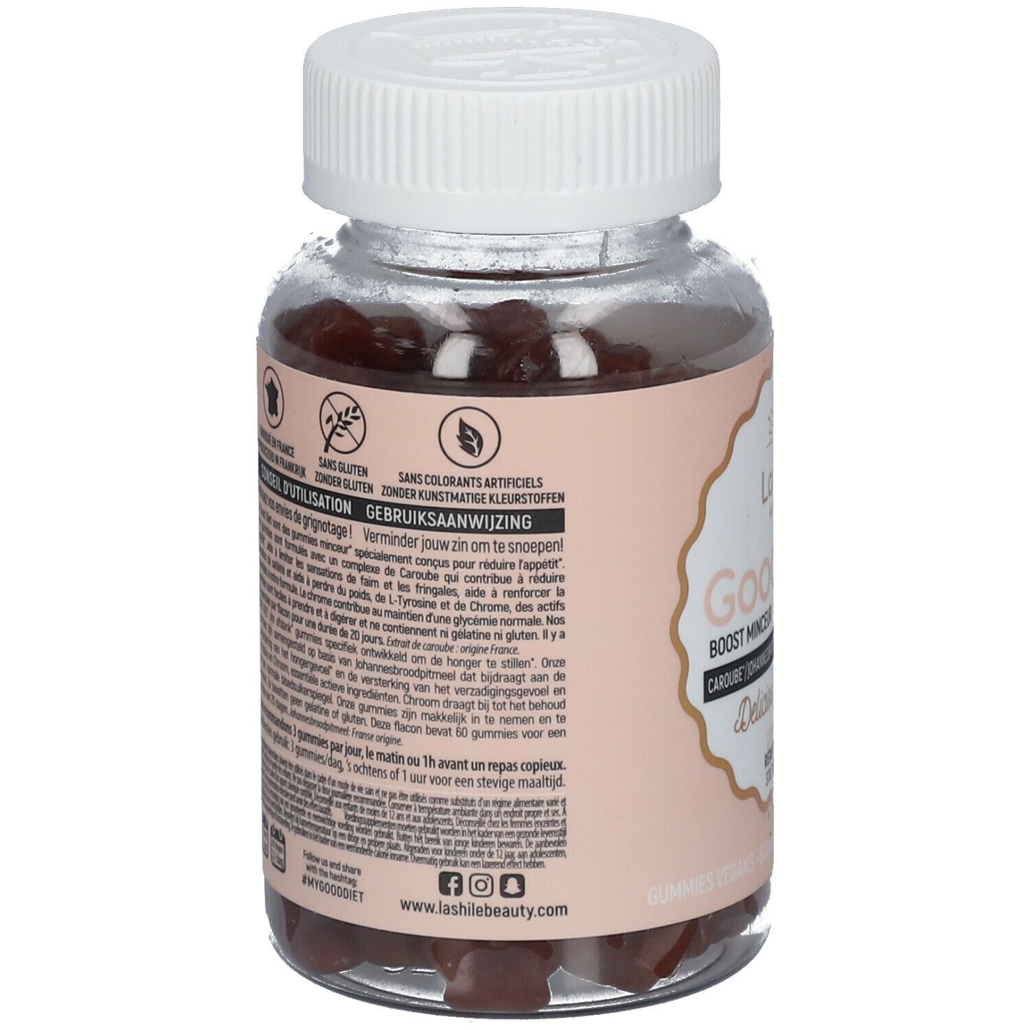 Dos du flacon de gummies. Texte multilingue. Informations sur les ingrédients et les instructions d'utilisation.