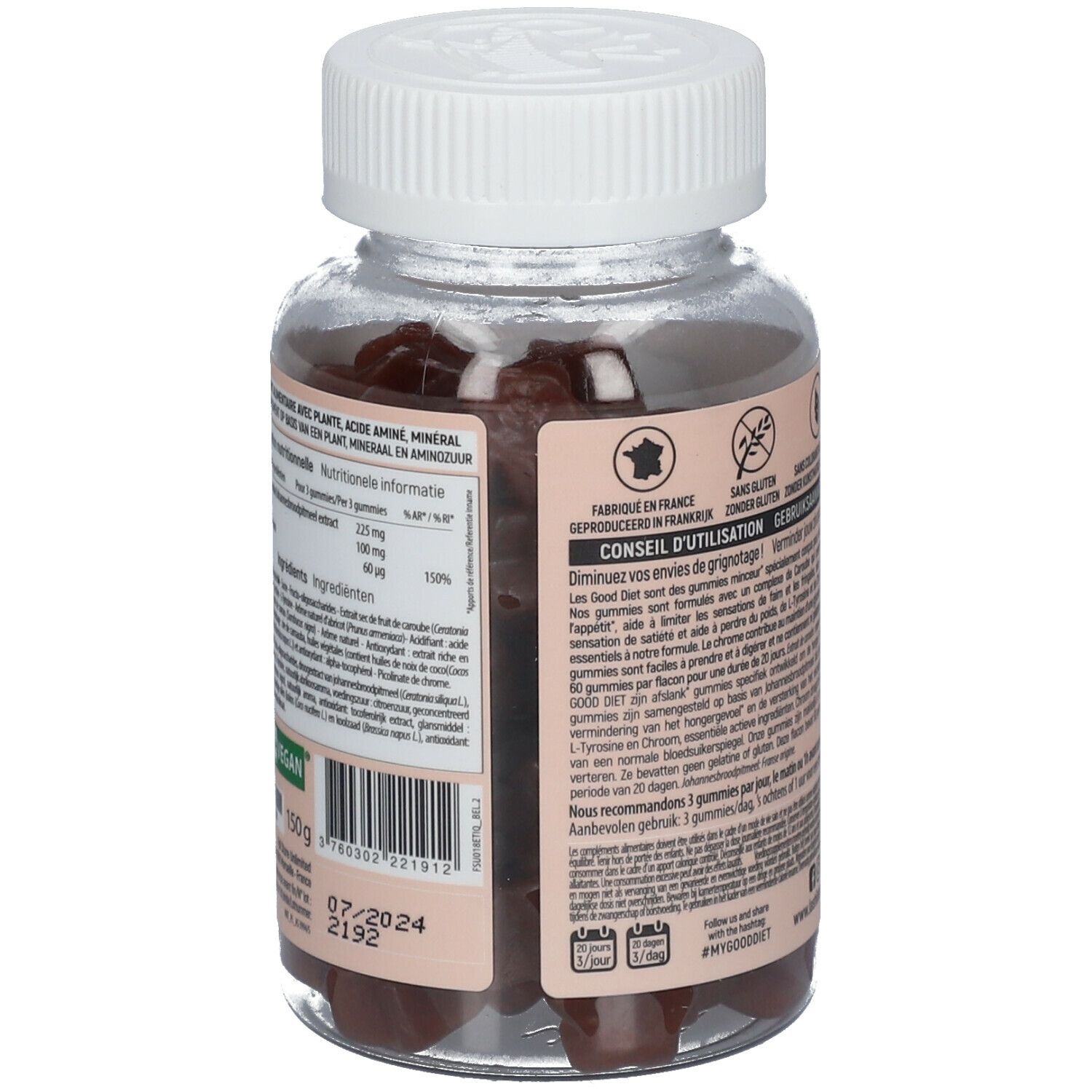 Dos du flacon de gummies. Informations nutritionnelles et ingrédients. Label végan.