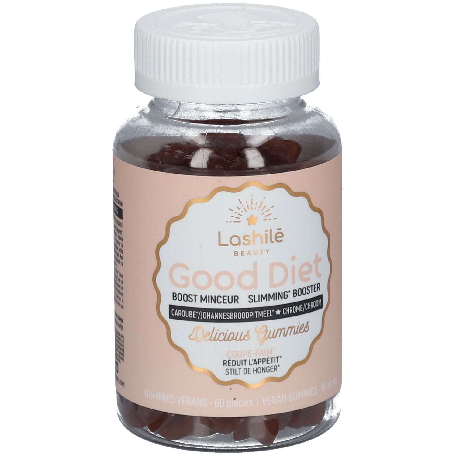 Flacon de gummies Good Diet. Ingrédients visibles. Bouchon blanc, étiquette rose. Bonbons en forme d'étoile.