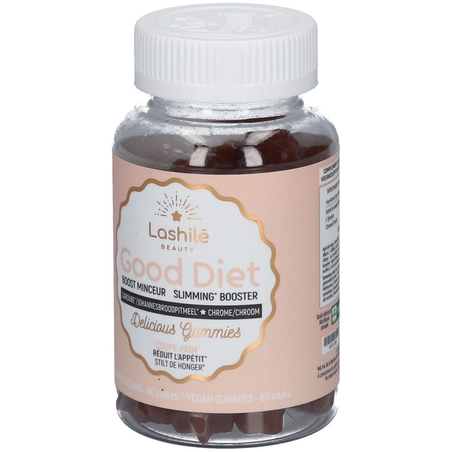 Flacon de gummies Good Diet. Ingrédients visibles. Bouchon blanc, étiquette rose. Bonbons en forme d'étoile.