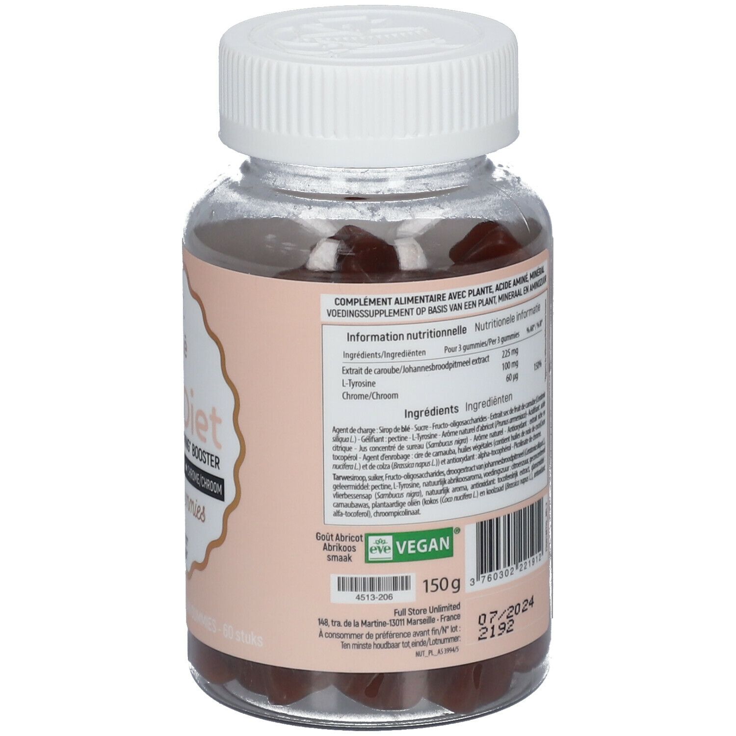 Dos du flacon de gummies. Informations nutritionnelles et ingrédients. Label végan.