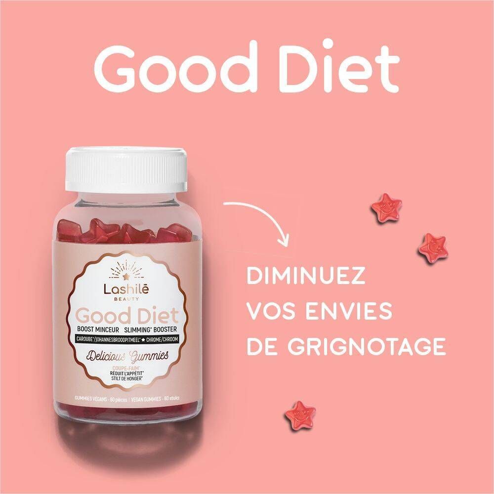 Flacon de gummies avec étoiles. Texte: Good Diet. Fond rose. 3 gummies en forme d'étoile.