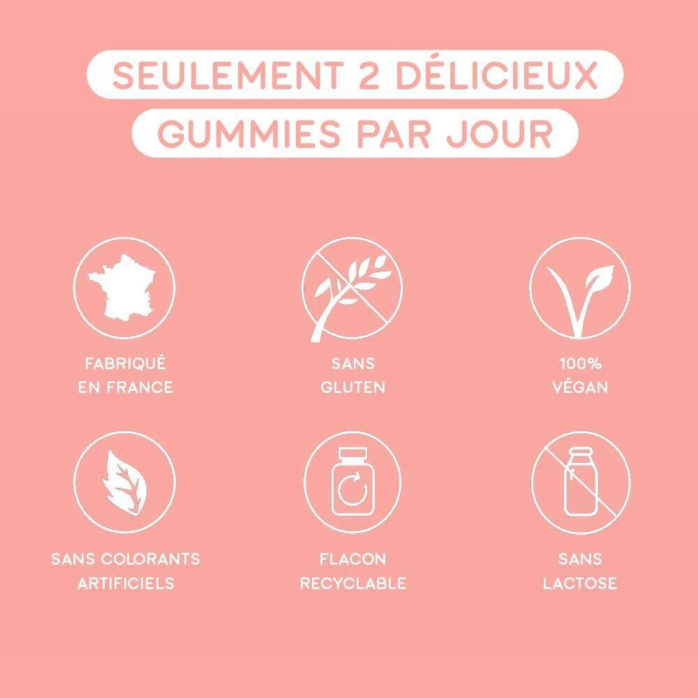 Fond rose avec logos. Texte: Seulement 2 gummies par jour. Sans gluten, végan, sans colorants, recyclable.