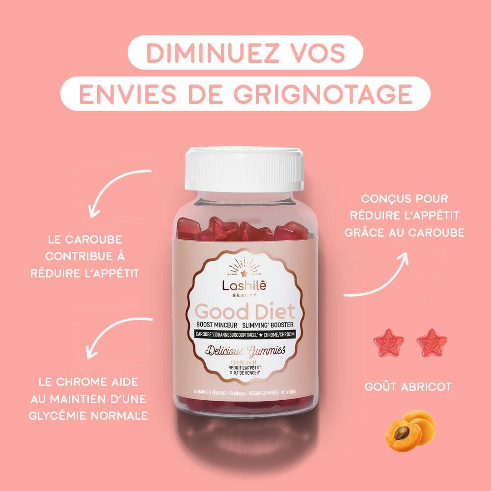 Flacon de gummies avec étoiles. Texte: Good Diet. Fond rose. 2 gummies en forme d'étoile.