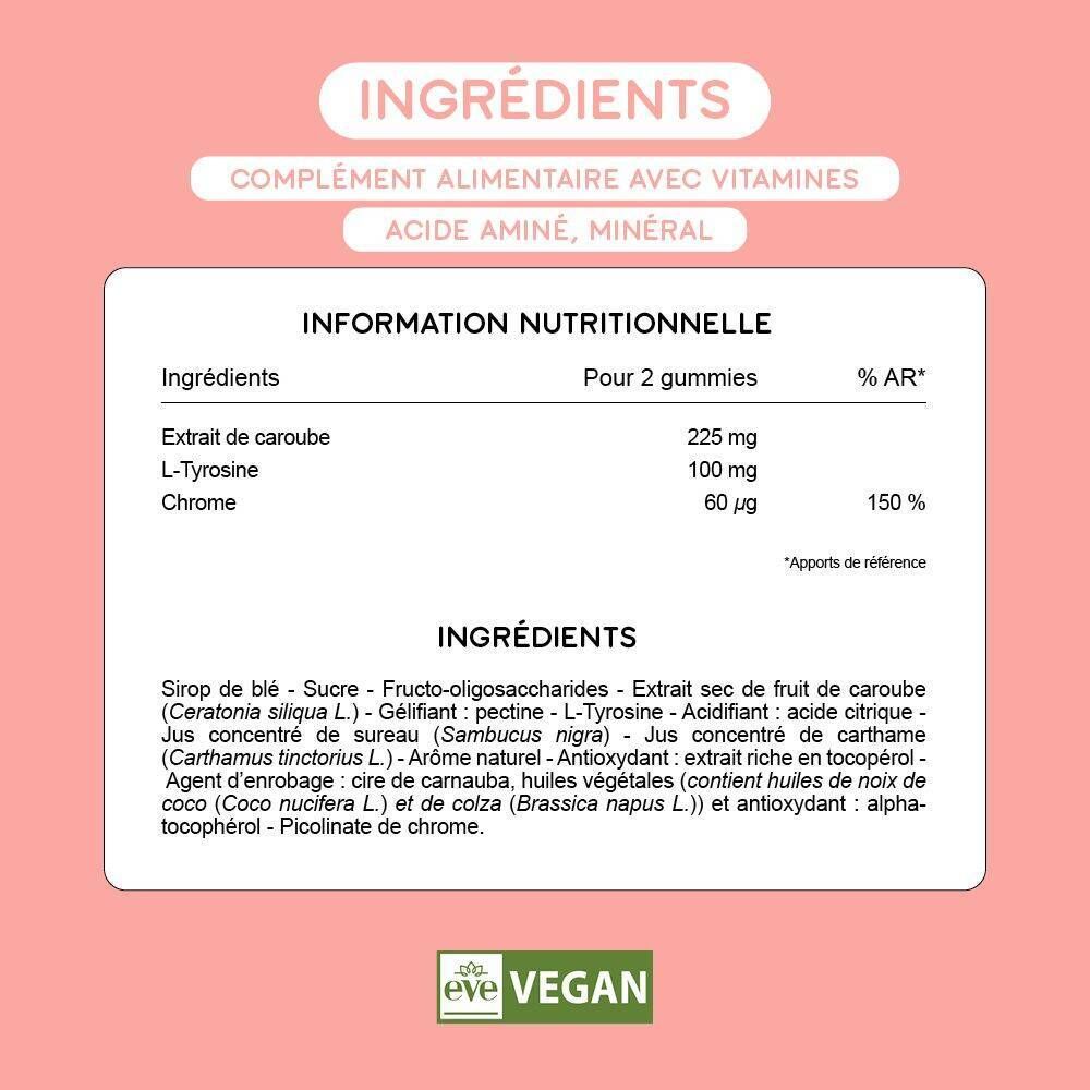 Informations nutritionnelles et ingrédients. Texte: Complément alimentaire. Label végan. Fond rose.
