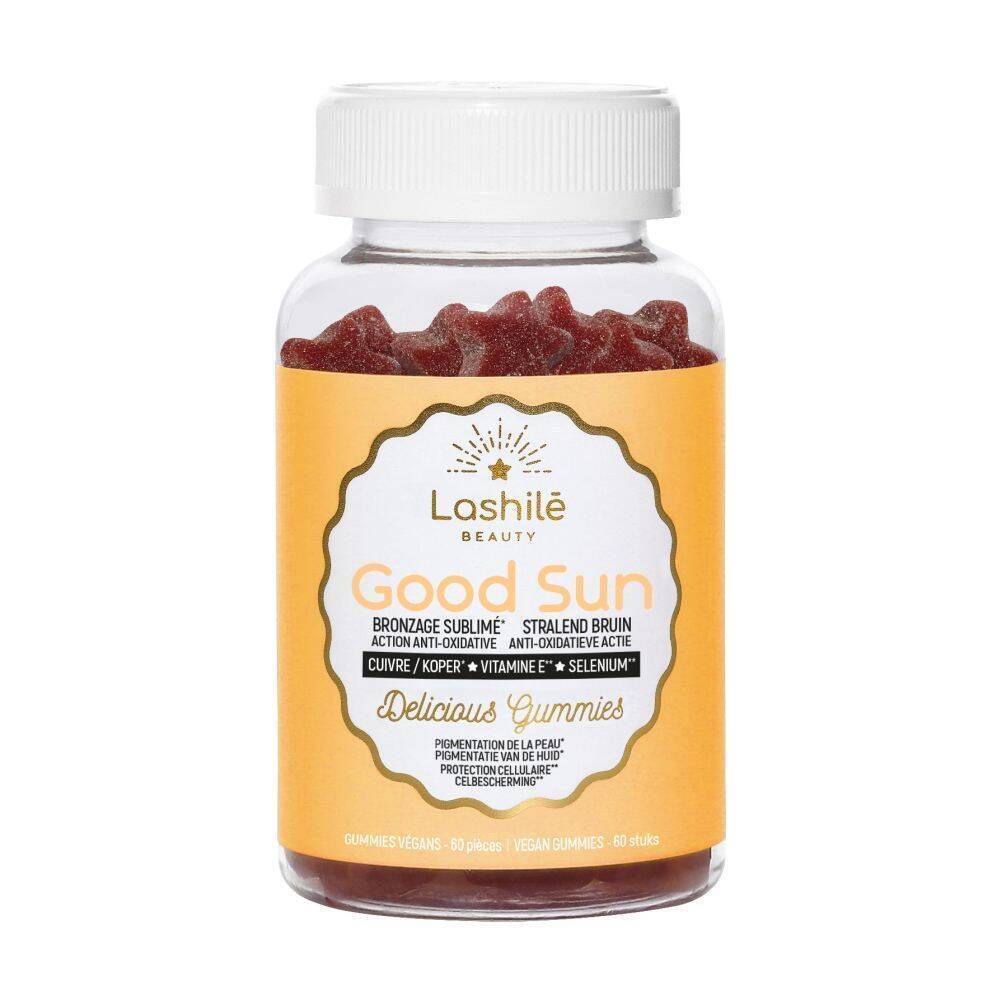 Flacon de gummies rouges. Étiquette avec nom du produit et ingrédients.
