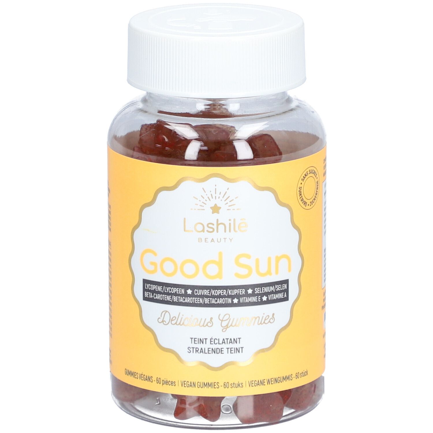 Flacon transparent de gummies rouges. Étiquette avec nom du produit et ingrédients.