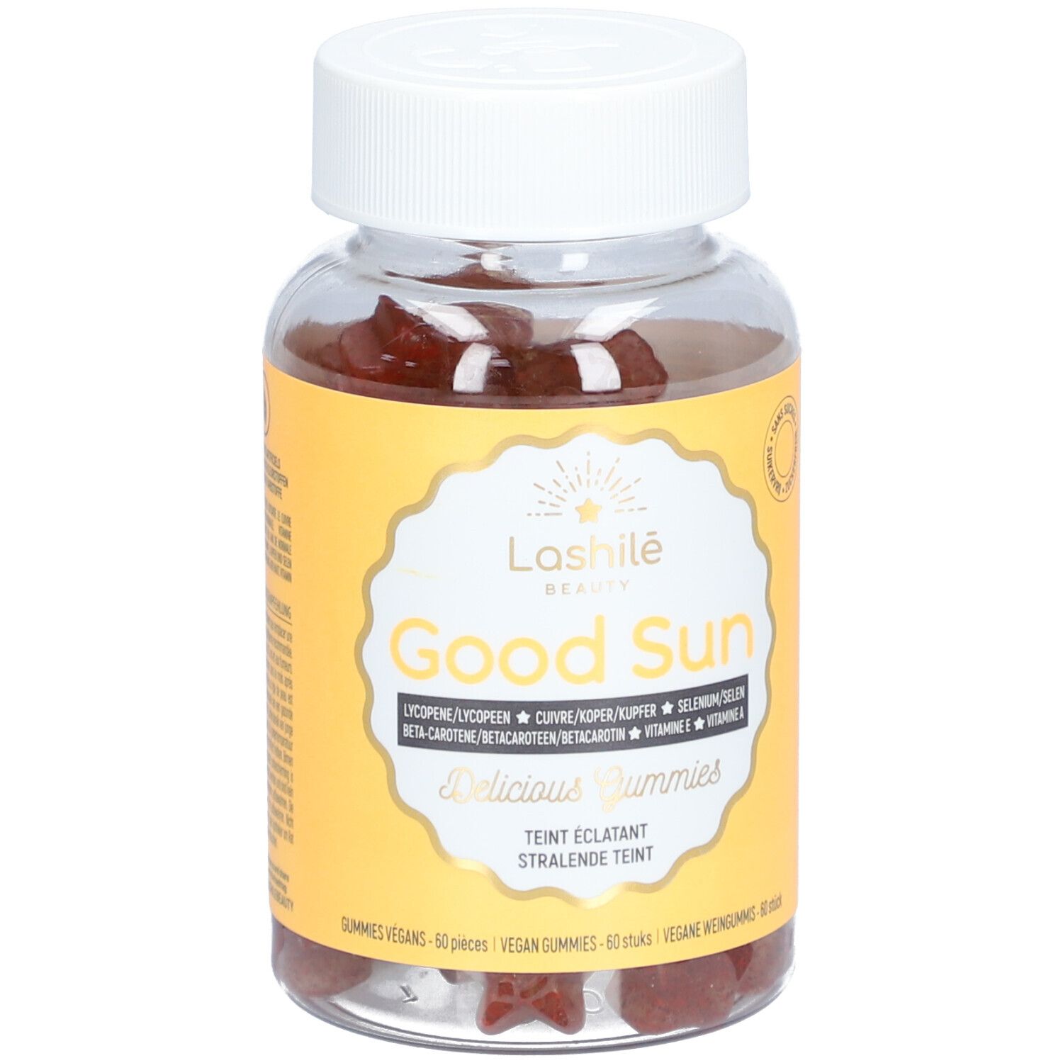 Flacon transparent de gummies rouges. Étiquette avec nom du produit et ingrédients.