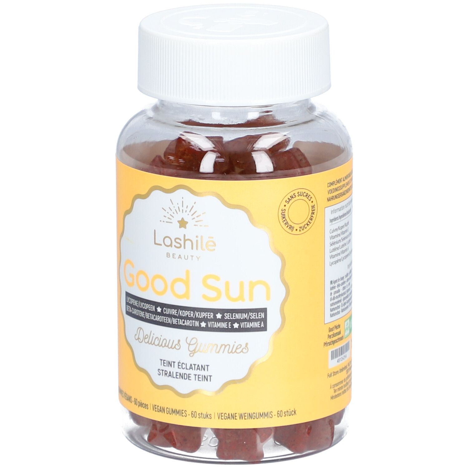 Flacon transparent de gummies rouges. Étiquette avec nom du produit et ingrédients.