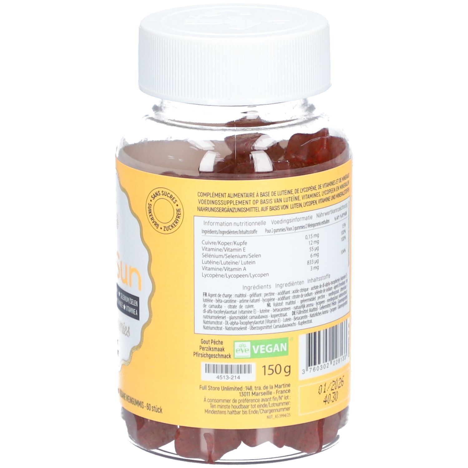 Dos du flacon avec texte. Informations nutritionnelles et ingrédients.