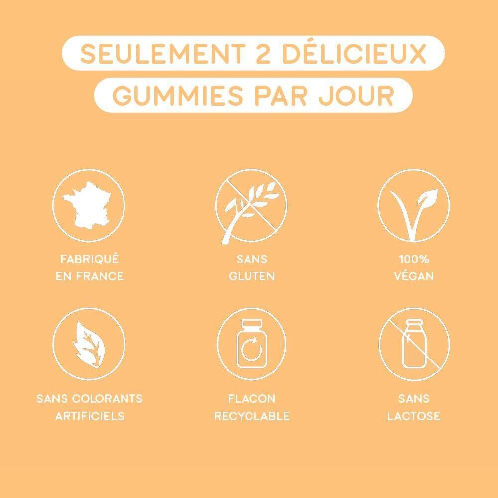 Produit avec texte et illustrations. Informations sur l'utilisation et les ingrédients.