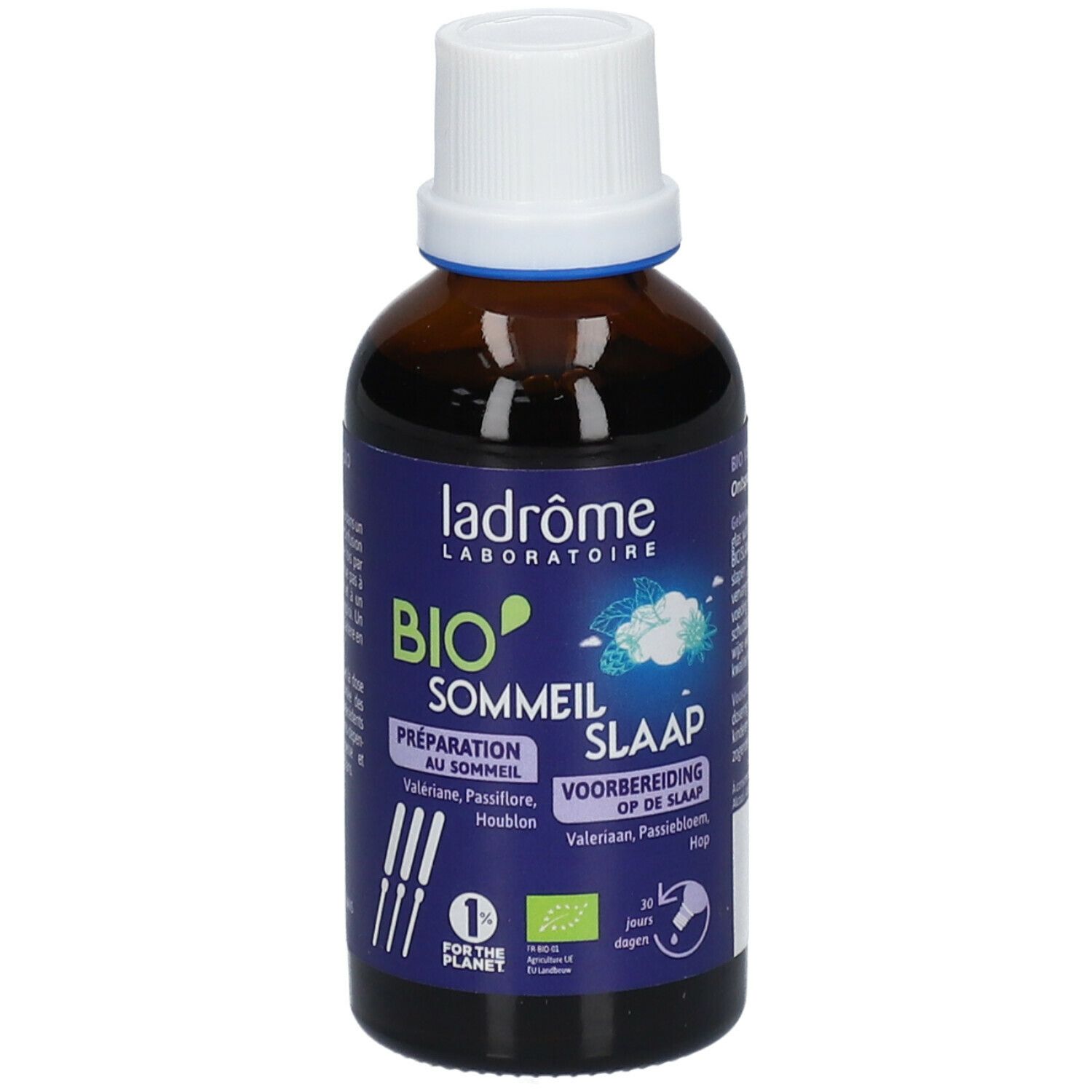 Bruine glazen fles met witte dop. Blauwe etiketten met tekst. Bio-certificering. Opschrift: BIO SOMMEIL.