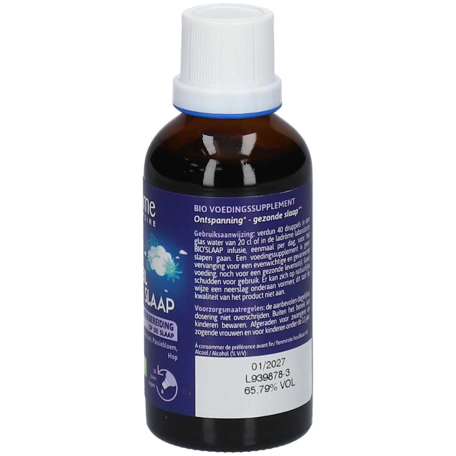 Bruine glazen fles met witte dop. Blauwe etiketten met tekst. Opschrift: BIO SOMMEIL. Tekst over voedingssupplement.