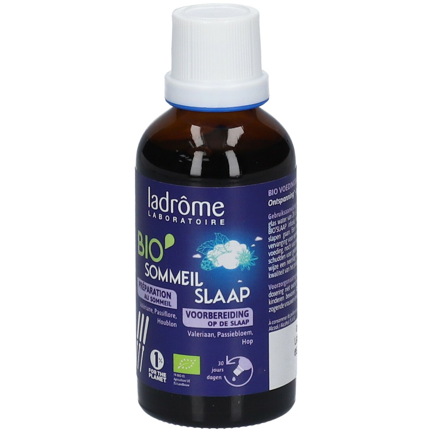 Bruine glazen fles met witte dop. Blauwe etiketten met tekst. Opschrift: BIO SOMMEIL. Bio-certificering.