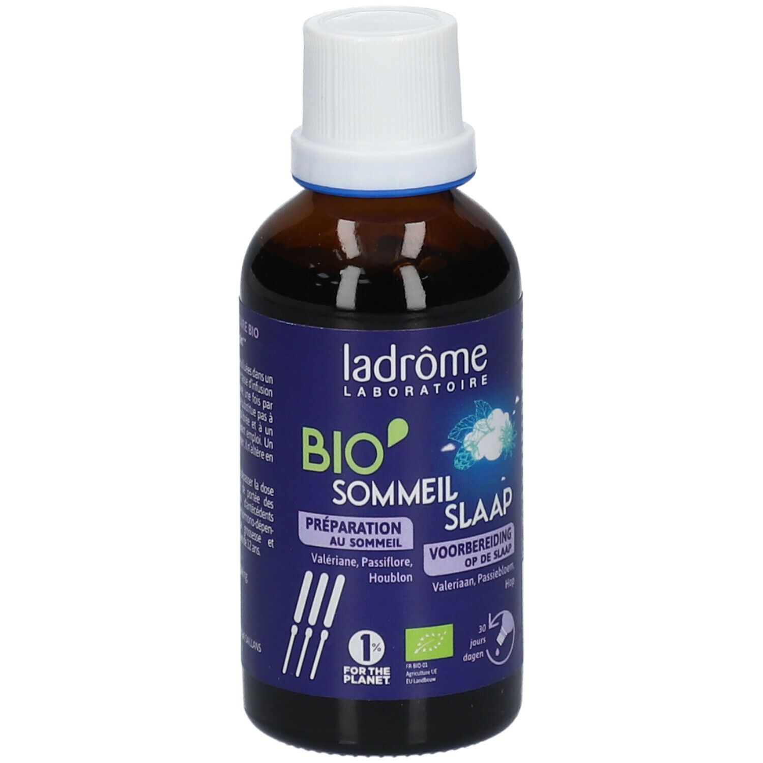Bruine glazen fles met witte dop. Blauwe etiketten met tekst. Opschrift: BIO SOMMEIL. Bio-certificering.