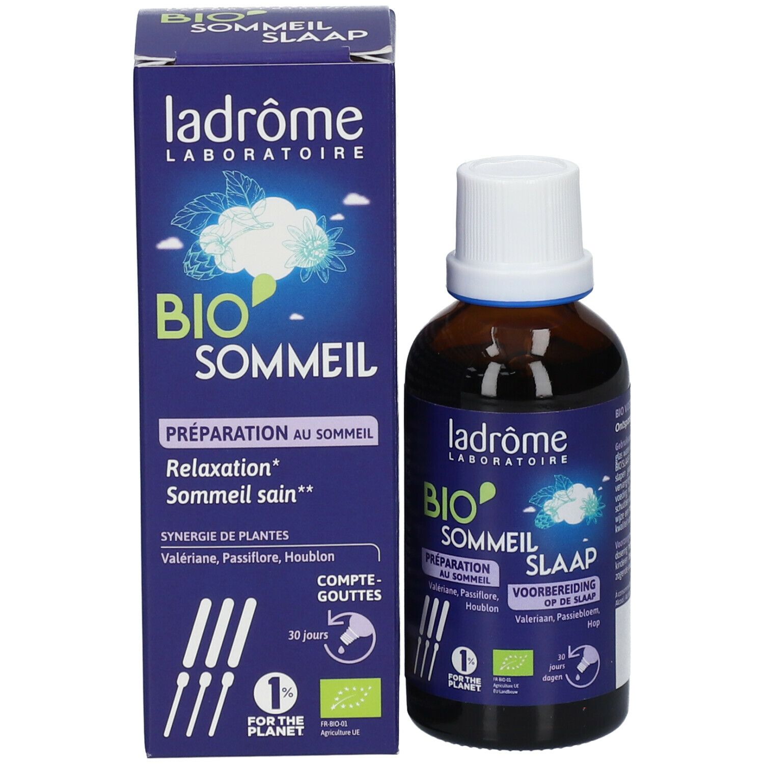 Productverpakking en fles. Blauwe doos en bruine fles met witte dop. Opschrift: BIO SOMMEIL.