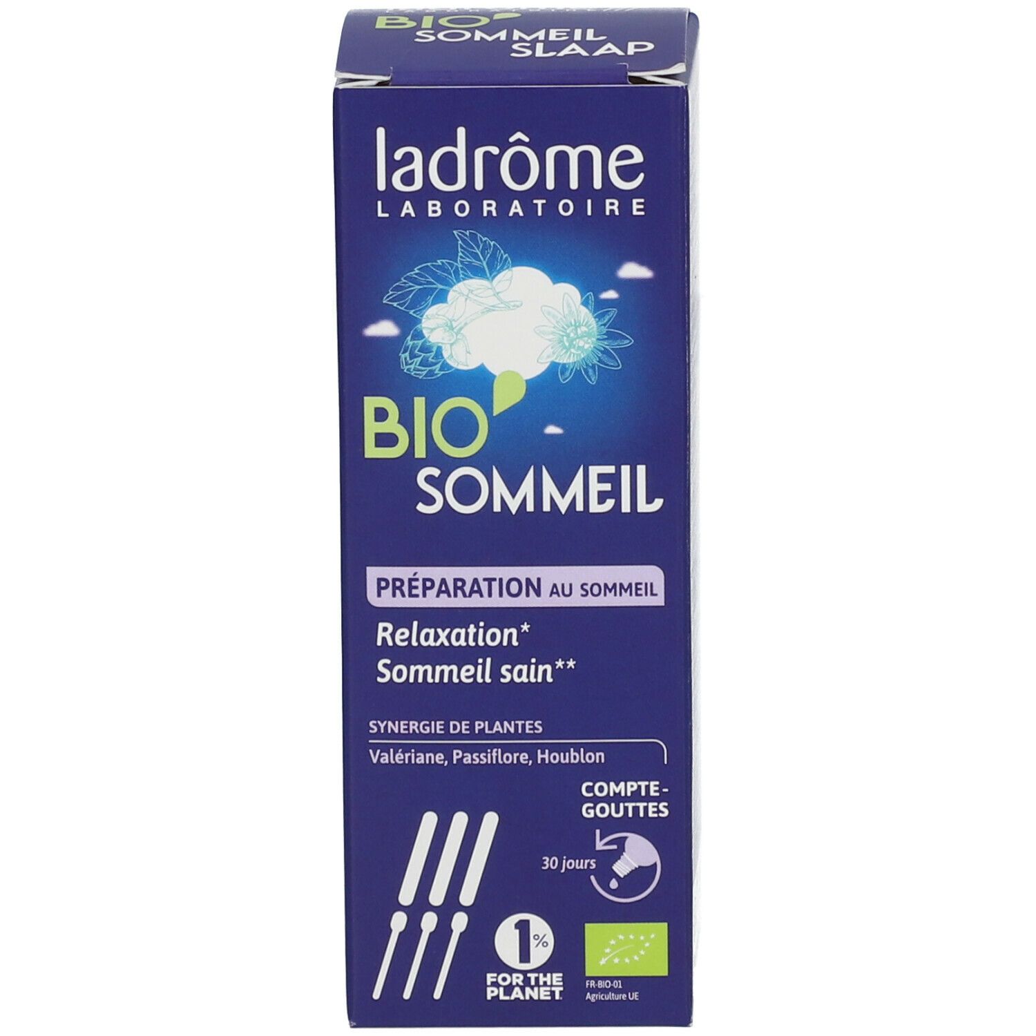 Blauwe doos met tekst. Opschrift: BIO SOMMEIL. Tekst over voedingssupplement. Bio-certificering.