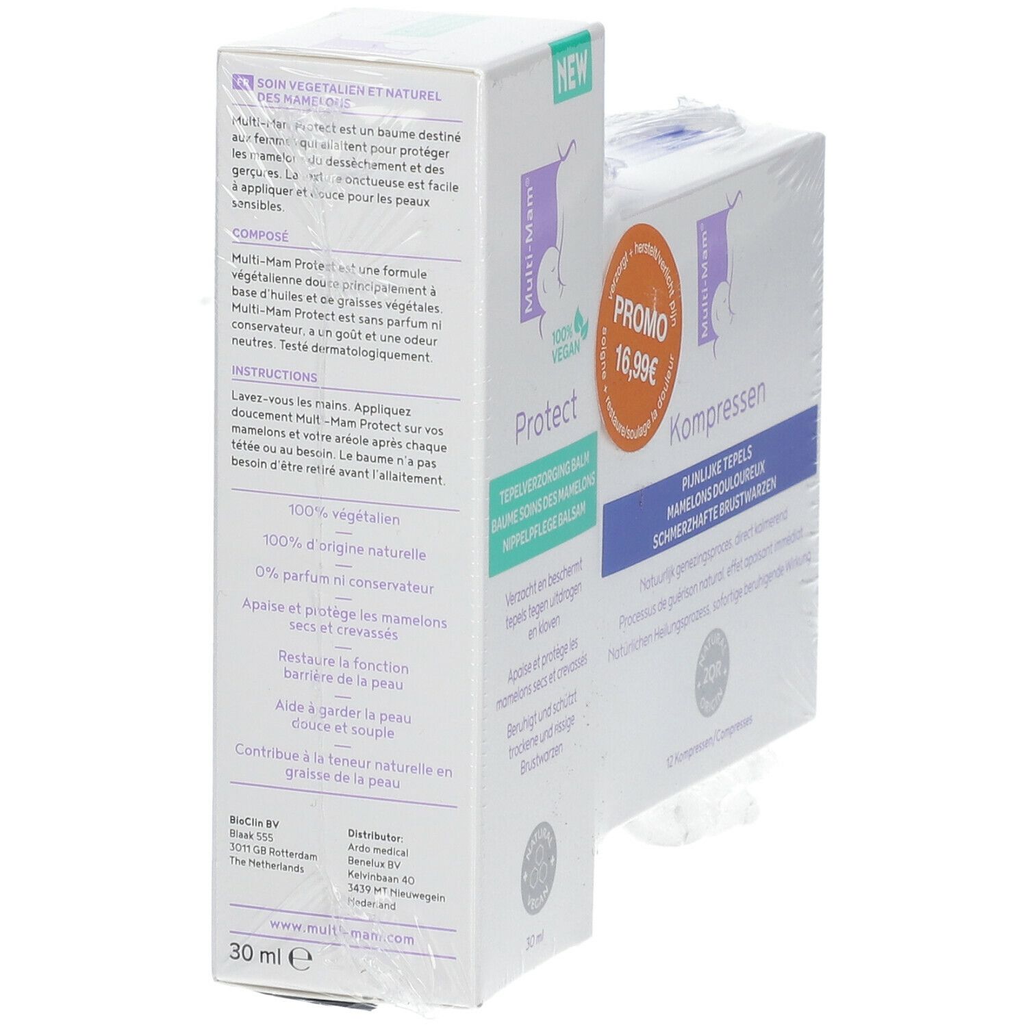 Multi-Mam Protect Balsam-Verpackung. Aufdrucke in mehreren Sprachen. 30 ml. Vegan-Logo. "NEW"-Etikett. Produktname und Marke deutlich sichtbar.
