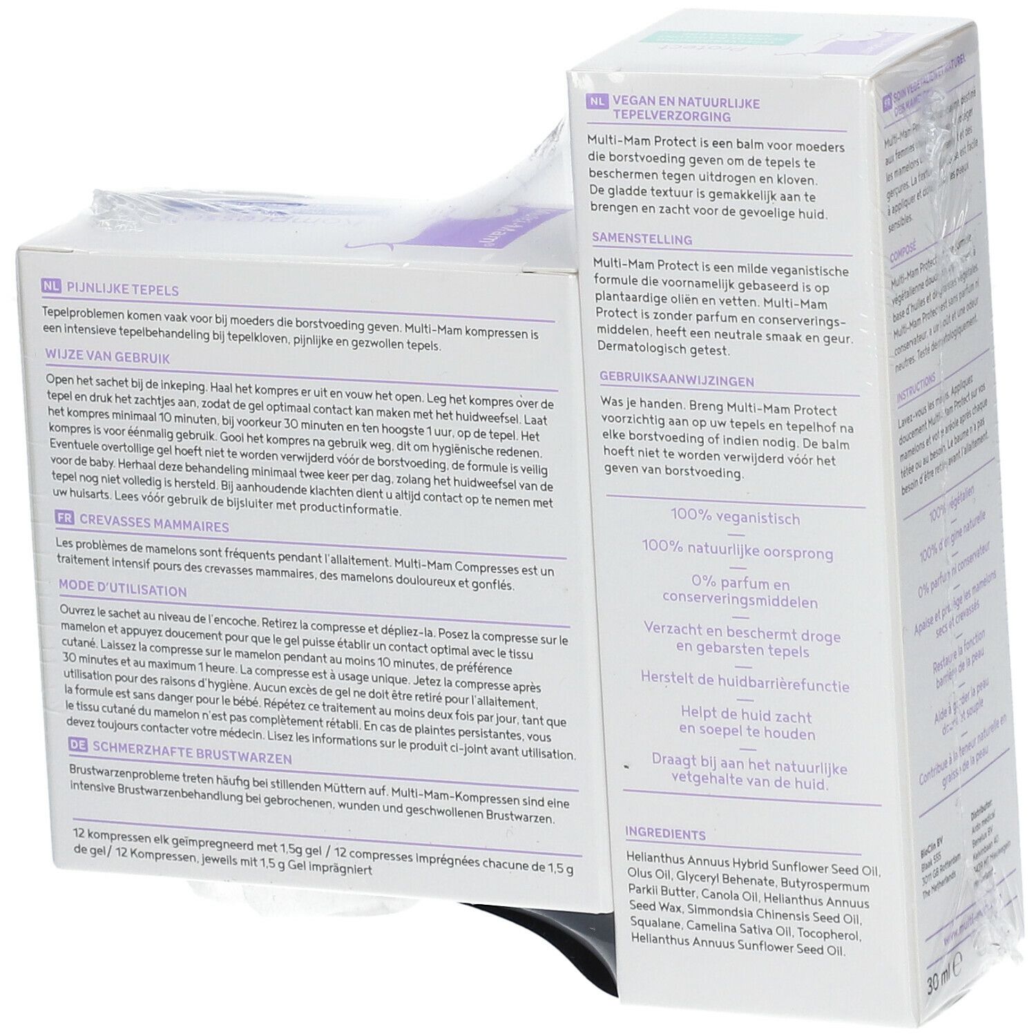 Rückseite der Verpackung von Multi-Mam Protect und Kompressen. Text in mehreren Sprachen. Inhaltsstoffe und Gebrauchsanweisung.