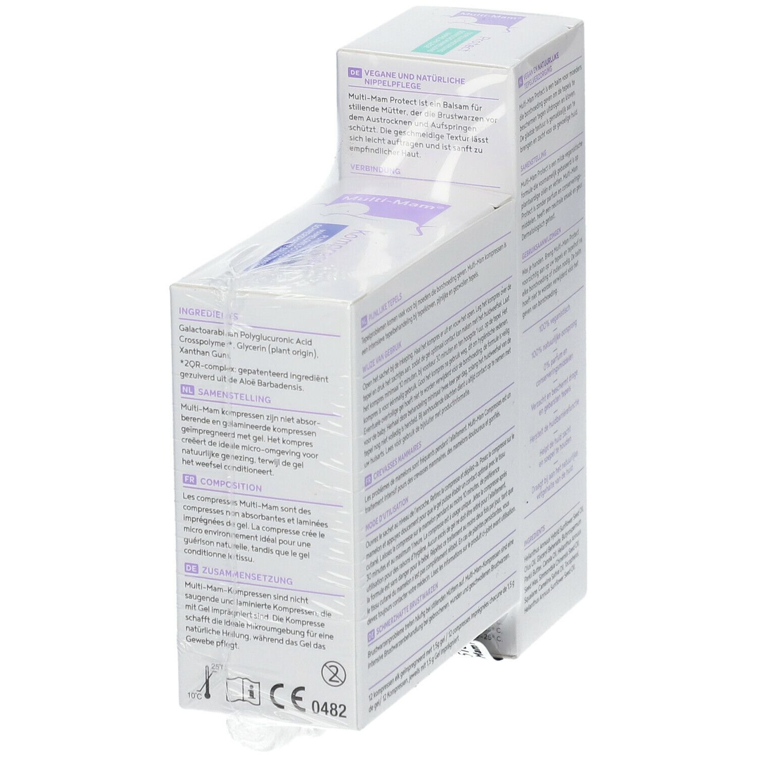 Rückseite der Verpackung von Multi-Mam Protect und Kompressen. Text in mehreren Sprachen. CE-Kennzeichnung. Inhaltsstoffe und Gebrauchsanweisung.