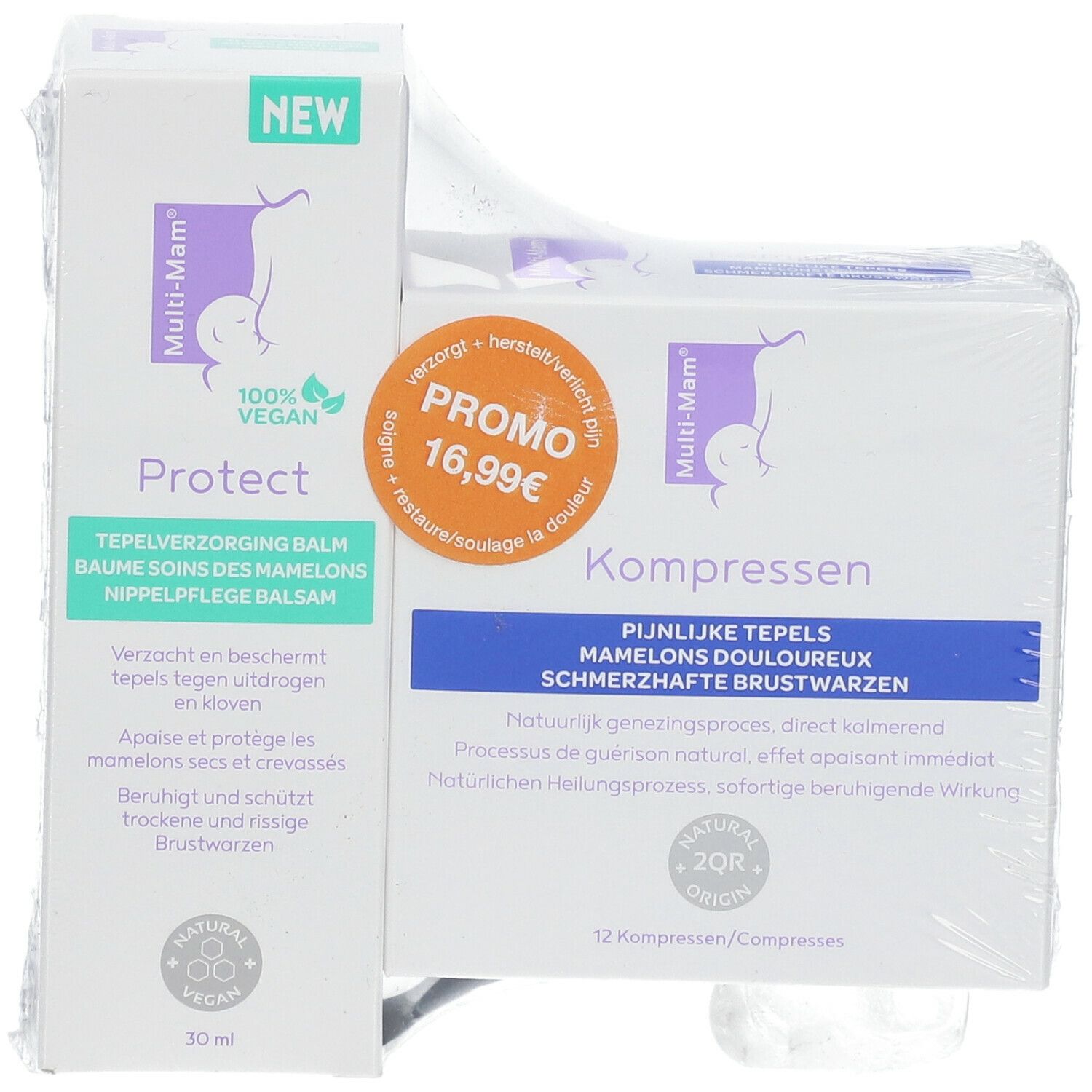 Verpackung mit Multi-Mam Protect Balsam und Kompressen. Beide Produkte sind in Folie verpackt. Aufdrucke in mehreren Sprachen.