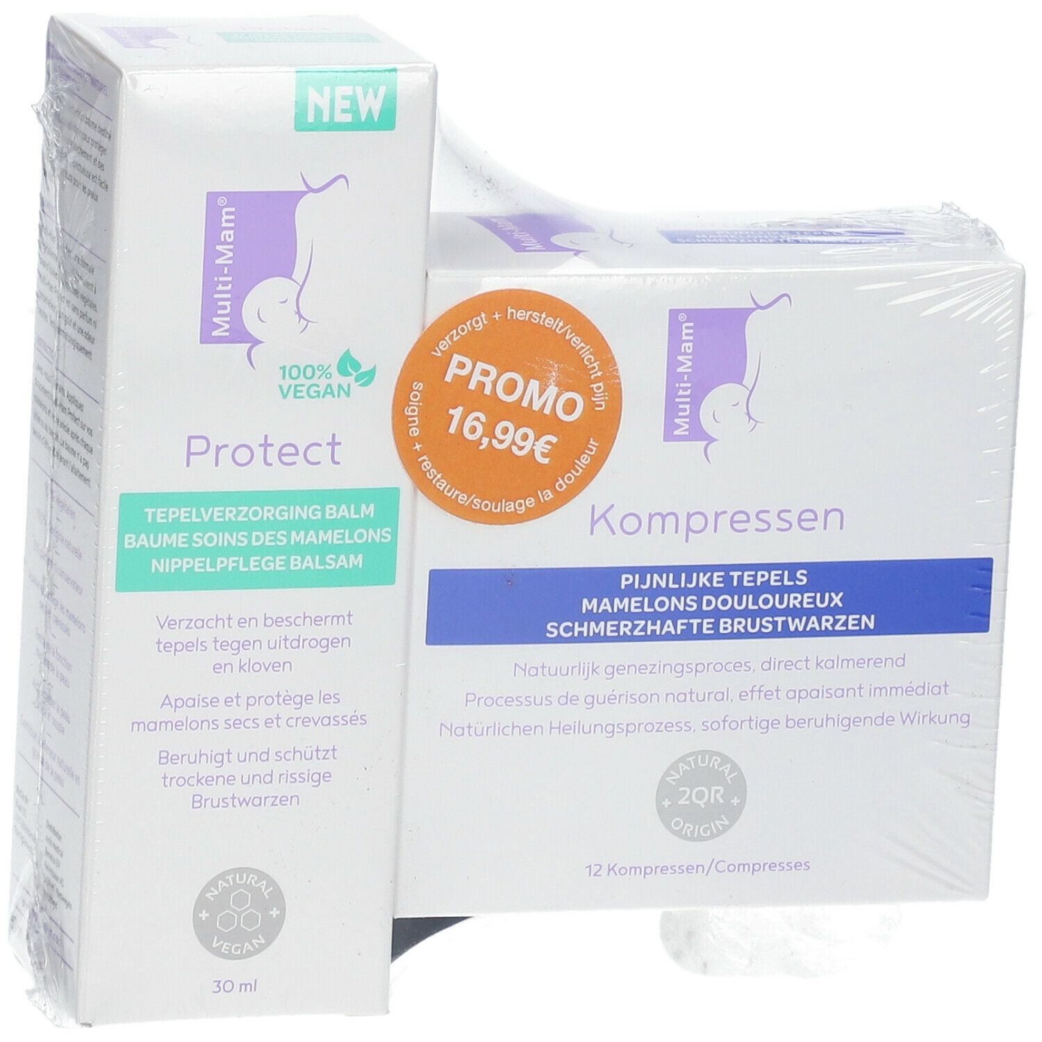 Verpackung mit Multi-Mam Protect Balsam und Kompressen. Beide Produkte sind in Folie verpackt. Aufdrucke in mehreren Sprachen.