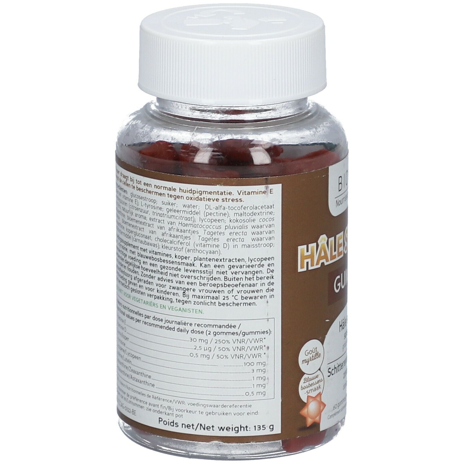 Vue arrière d'un flacon transparent avec bouchon blanc. Étiquette marron avec texte. Gummies rouges visibles.