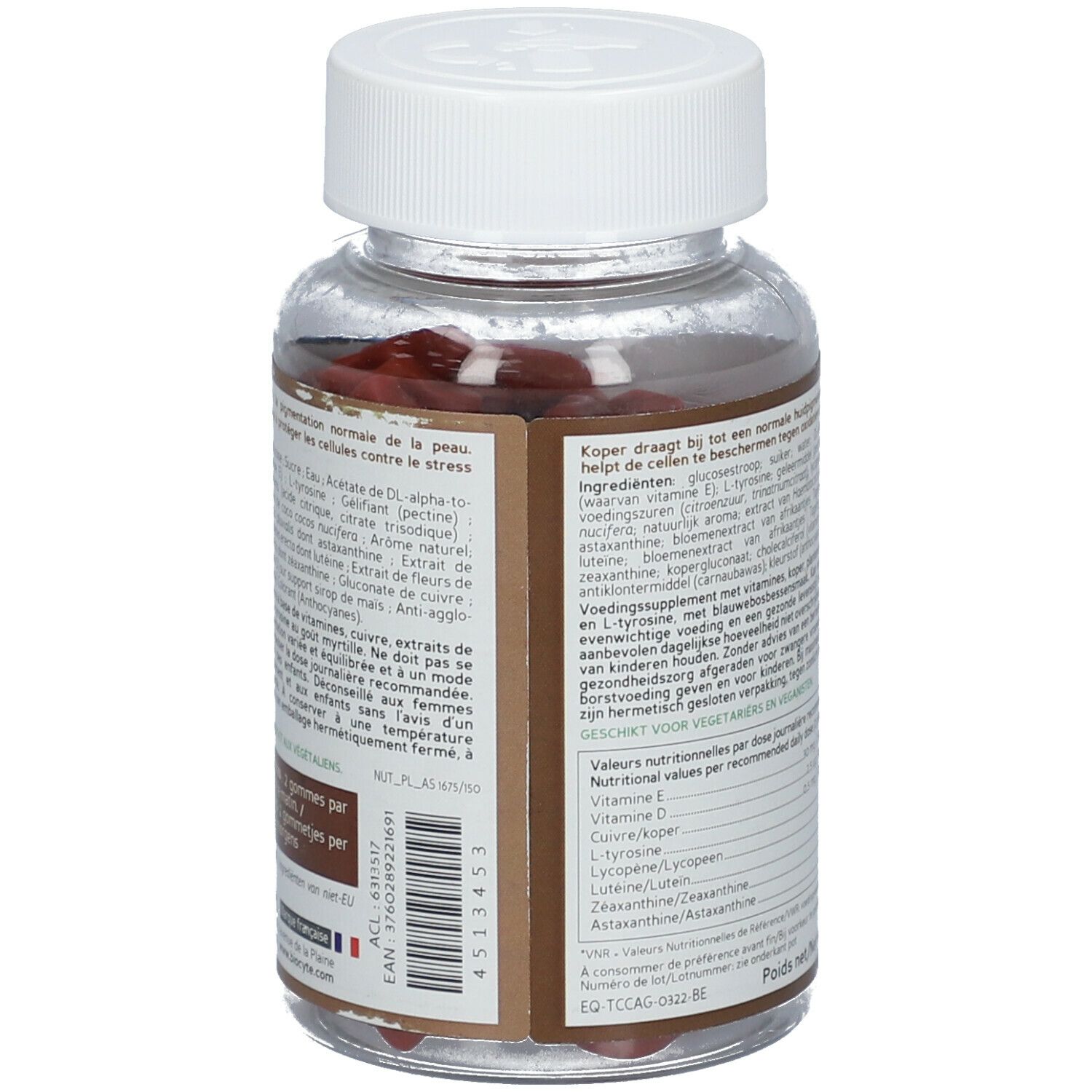 Vue arrière d'un flacon transparent avec bouchon blanc. Étiquette marron avec texte. Gummies rouges visibles.