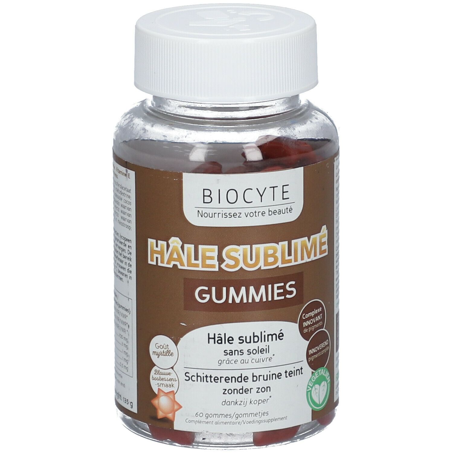 Flacon transparent avec bouchon blanc. Étiquette marron avec nom et marque du produit. Gummies rouges visibles.